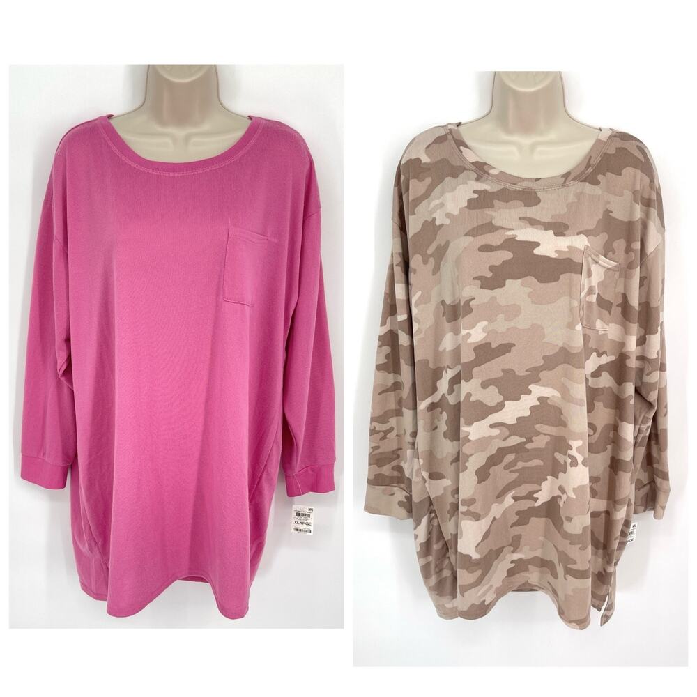 Jenni NWT Women's 2 Pack Bundle Sleep Shirts SZ XL Pink Tease, Toffee Candy Camo